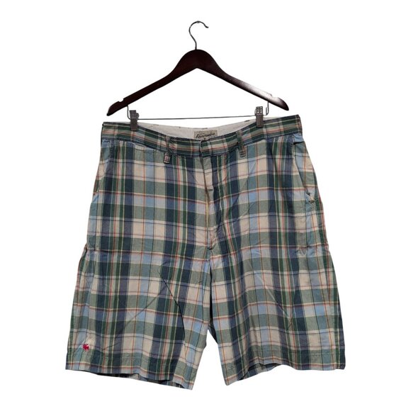 Vintage Abercrombie & Fitch Shorts Mens 36 Blue Green Plaid Pockets Outdoors - Picture 1 of 15